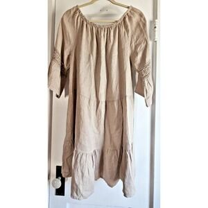 TERZO MILLENNIO tan off shoulder linen dress laced elbow sleeve tiered Sz L NWOT